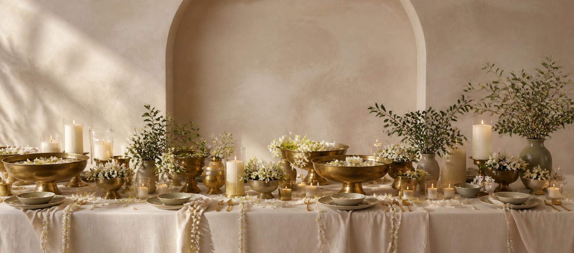 A long celebration table styled with brass, candles and mogra