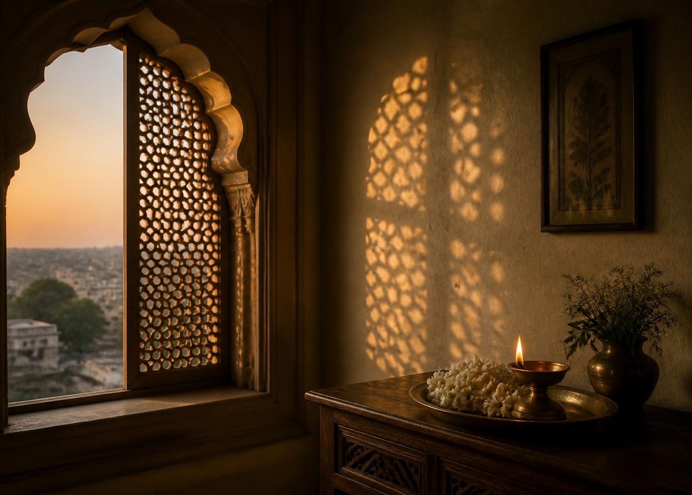 A jaali window casting lattice light onto a plaster wall beside a brass tray