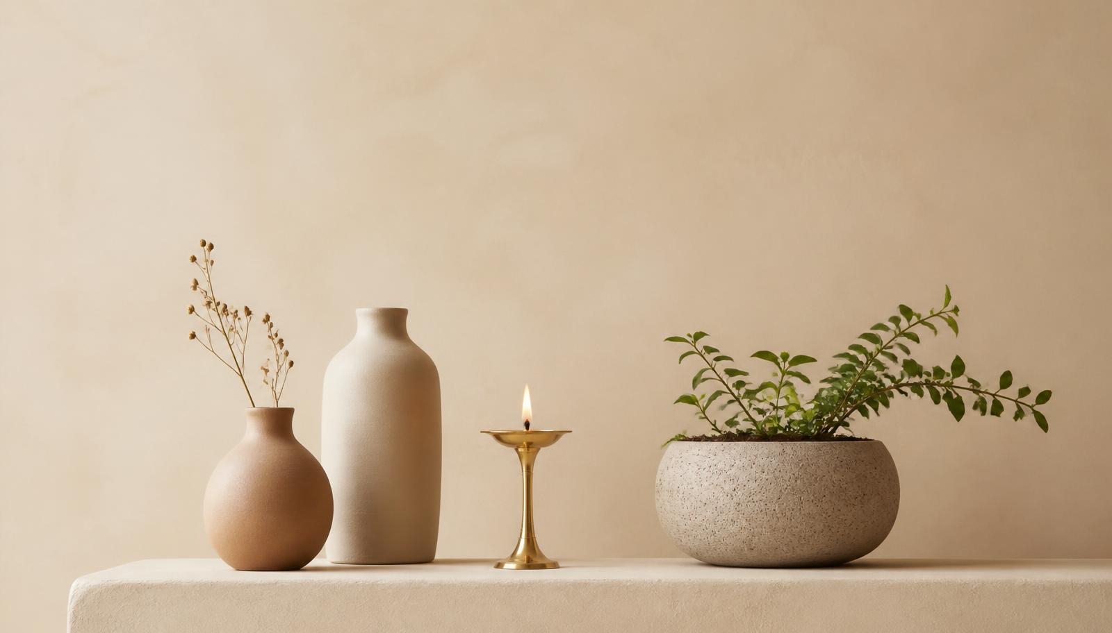 Ceramic vases, a brass diya and a stone planter on a pale ledge