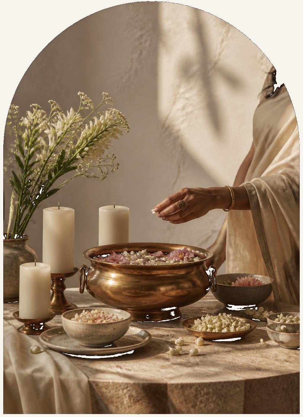 A styled celebration table with brass urli and candles