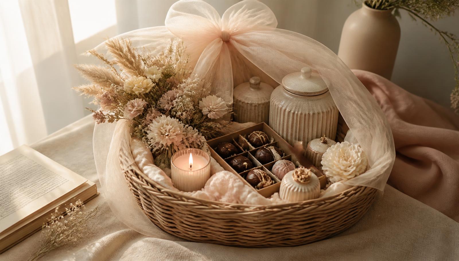 A curated keepsake hamper with dried flowers, chocolates and a candle