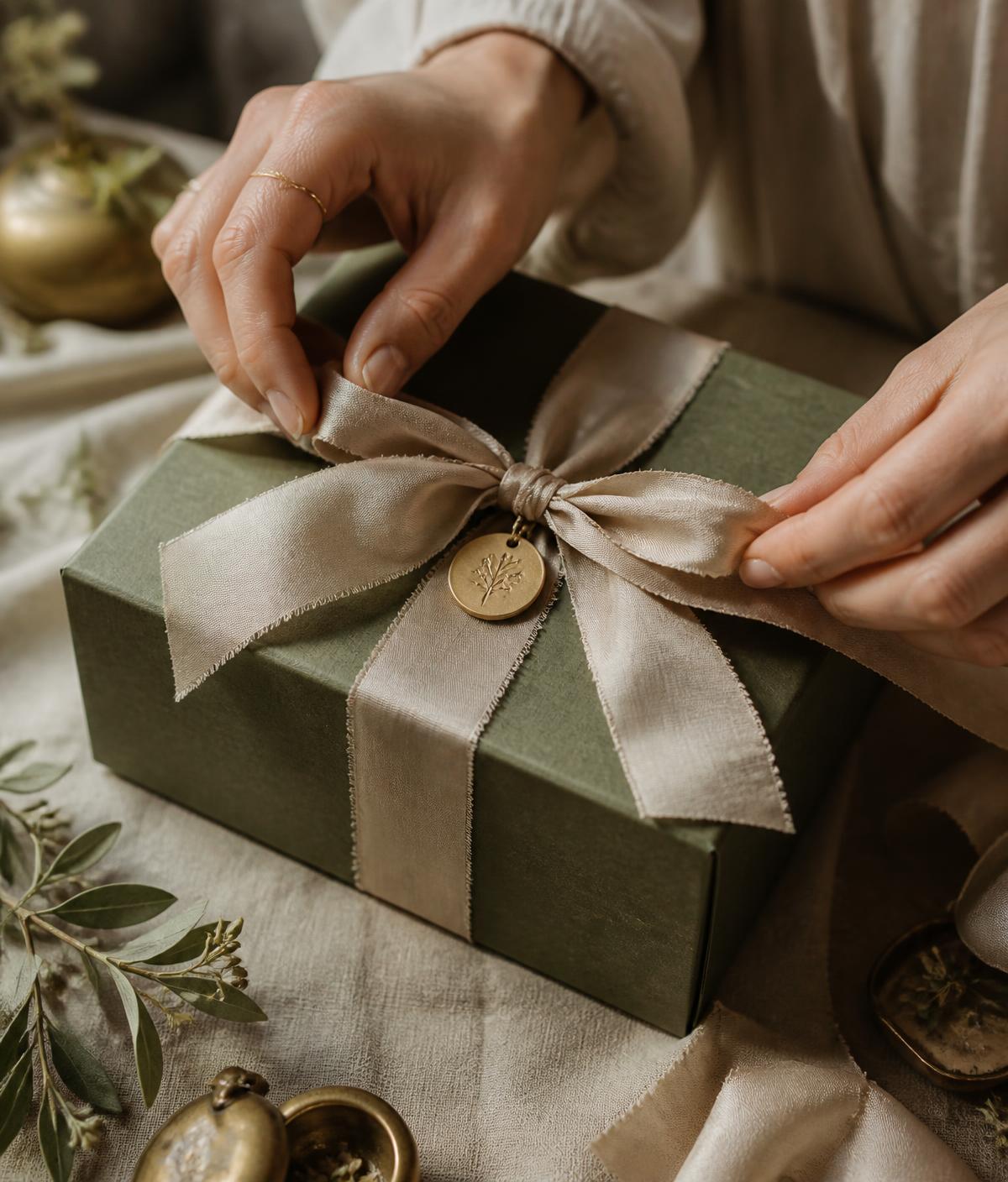 A personalised gift box being tied with silk ribbon