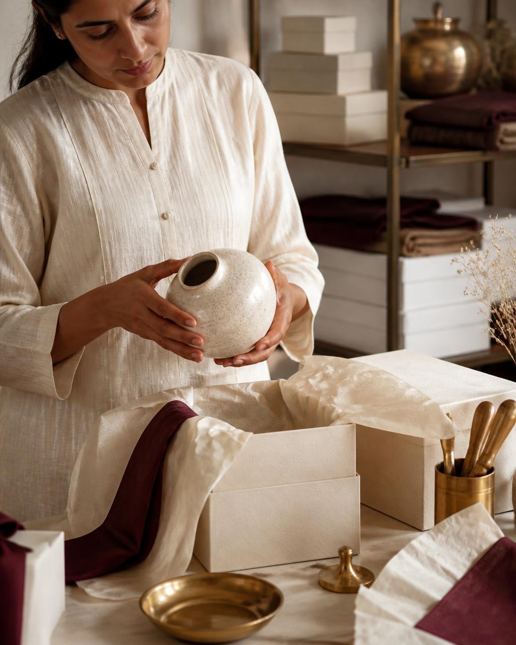 A studio team member quality checking a ceramic vessel
